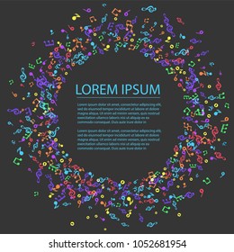Postcard with colorful music notes and place for text, colorful background, vector illustration