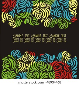 Postcard with colorful pattern on black background. Vector illustration.