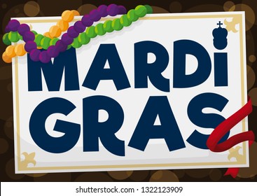 Postcard with colorful traditional collars over it, greeting message decorated with a crown and frame with fleur-de-lis and a red ribbon to celebrate Mardi Gras in New Orleans.