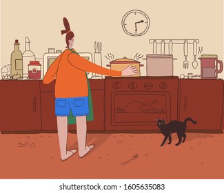 postcard, comic, illustration of a woman housewife preparing food for lunch or dinner in a large family. Mom is a cook in the kitchen