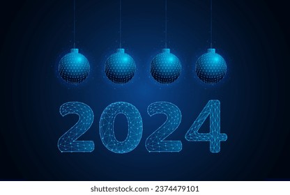 postcard concept hanging Christmas toy and numbers 2024 New Year, Christmas, Secret Santa, Christmas spirit, Saint Nicholas, a holiday for which gifts are given. 2024. low poly, vector wireframe