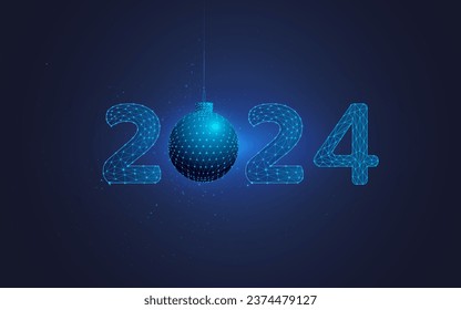 postcard concept hanging Christmas toy and numbers 2024 New Year, Christmas, Secret Santa, Christmas spirit, Saint Nicholas, a holiday for which gifts are given. 2024. low poly, vector wireframe