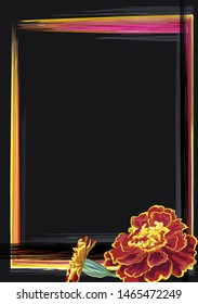 Postcard with a condolence on a dark gray background, a flower of a marigold, an inscription, a frame of stylized angel wings