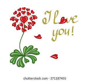 Postcard confession of love with abstract flower with red hearts and words golden color on a white background.