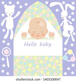 the postcard congratulates on your new baby. The baby sleeps in a children's envelope, it is surrounded by children's toys. vector illustration. EPS 10.