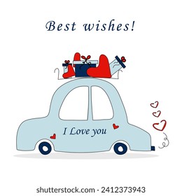 Postcard, congratulation, manifestation of love, feelings, care with the image of a blue car with gifts and red hearts in doodle style, with the inscription "I love you and all the best"