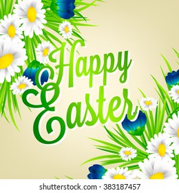 Postcard of congratulation on Easter. Inscription happy Easter. Chamomile flowers sleeping grass and crocuses in the grass against the sky.