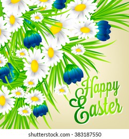 Postcard of congratulation on Easter. Inscription happy Easter. Chamomile flowers sleeping grass and crocuses in the grass against the sky.