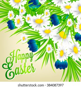Postcard of congratulation on Easter. Inscription happy Easter. Chamomile flowers sleeping grass and crocuses in the grass against the sky.