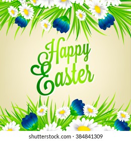 Postcard of congratulation on Easter. Inscription happy Easter. Chamomile flowers sleeping grass and crocuses in the grass against the sky.