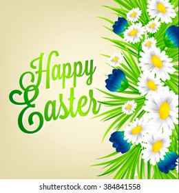 Postcard of congratulation on Easter. Inscription happy Easter. Chamomile flowers sleeping grass and crocuses in the grass against the sky.