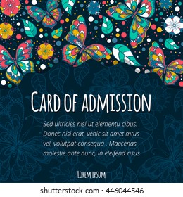 Postcard for congratulations. decorated with multicolored butterflies, flowers and leaves.