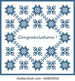 Postcard Congratulations. Design with the Slavic geometric patterns (blue on a white background). Square. Vector illustration