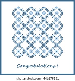 Postcard Congratulations. Design with the Slavic symmetrical geometric ornaments (blue on a white background). Vector illustration