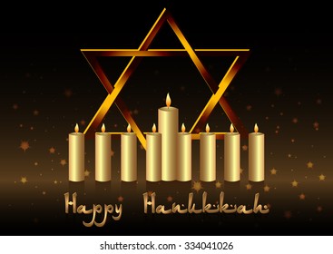 Postcard for congratulations with Festival of Lights, Feast of Dedication Hanukkah. Candles and Magen David on glitter black. Vector illustration