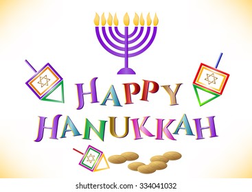 Postcard for congratulations with Festival of Lights, Feast of Dedication Hanukkah on white. Vector illustration