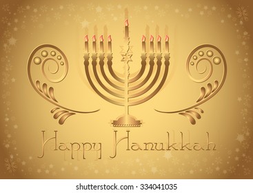 Postcard for congratulations with Festival of Lights, Feast of Dedication Hanukkah in golden colors. Vector illustration