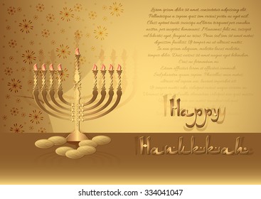 Postcard for congratulations with Festival of Lights, Feast of Dedication Hanukkah. Menorah and coins on table in golden colours. Vector illustration