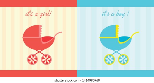 postcard congratulations on the birth of a girl baby boy pink blue color place for text newborn stroller