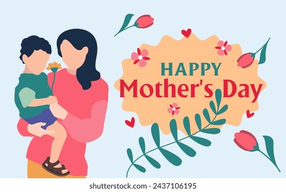 Postcard congratulations on Mother's Day. Mother with child in vector, flat style.