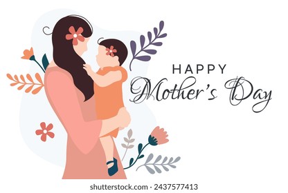 Postcard congratulations on Mother's Day. Daughter in mother's arms in vector, flat style.