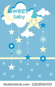 Postcard, congratulations on the newborn. Clouds, stars, moon, flowers and text. Colors: yellow, white, blue and mint.