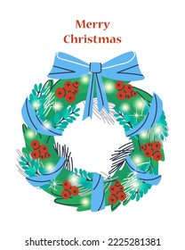 Postcard congratulations on the winter holiday. Merry Christmas text. A wreath of fir branches with a ribbon, lights and a festive mood. Flat vector illustration, eps10