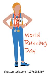 Postcard and congratulations on the world running day, June 2. Flat vector illustration of a girl standing in a confident pose in a sports running uniform, with a gold and silver medal. Winner EPS10