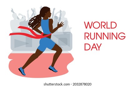 Postcard congratulations on the world running day, June 2. Flat vector illustration of african american girl running to the finish line, the finishing red ribbon is torn. EPS 10