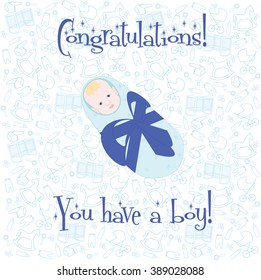 Postcard. Congratulations! You have a boy. Little newborn baby  in cradle with blue bow.