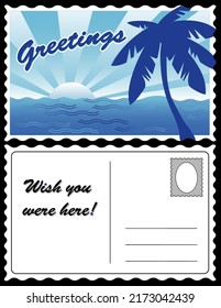 Postcard, Cool Tropical Vacation Travel Landscape , Ocean, Palm Tree, Sailboat, Sun Rays. Copy Space For Custom Greetings And Destination Address. Full Size Postcard, Front And Back.