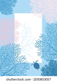 Postcard with corals and turtle. Vector illustration. Environment protection. World Oceans Day. World Environment Day.