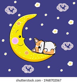 Postcard corgi dog sleeping on the moon. Cute orange redhead welsh corgi vector cartoon sticker illustration isolated on colored background
