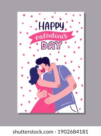 A postcard with a couple in love kissing. For Valentine's Day. Vector illustration.