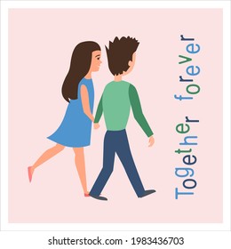 A postcard of a couple in love. Valentines Day, hearts, flat cartoon characters.