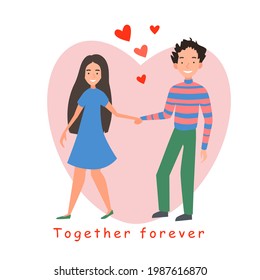A postcard of a couple in love. Valentines Day, hearts, flat cartoon characters.