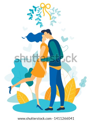 Postcard Couple in Love, Vector Illustration. In Foreground Guy with Girl Hugging and Kissing. Romantic Relationships Young People. Man and Woman Meet to Create Marriage Cartoon Flat.