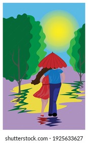Postcard - a couple walking under the rain with an umbrella