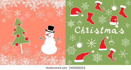 Postcard cover with a snowman and a Christmas tree. Peach and green background. Cartoon Santa hat and socks for gifts. The vector can be used on website, brochure, poster, social media and print.
