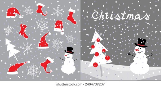 Postcard cover with a snowman and a Christmas tree. Grey background. Cartoon Santa hat and socks for gifts. The vector can be used on website or brochure. Poster, Greeting card and banner