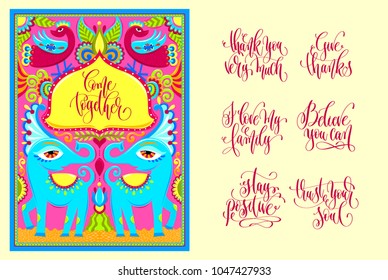 postcard creator - indian frame with birds, elephants and flowers in truck art kitsch style and hand lettering inscription set positive quotes, vector illustration