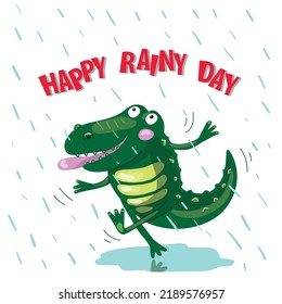 Postcard with a crocodile running in the rain, vector EPS10