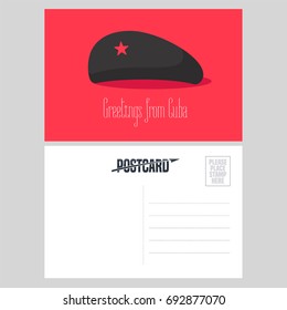 Postcard from Cuba with Che Guevara red star hat vector illustration. Greeting card with template text box sent from Cuba