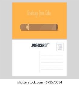 Postcard from Cuba with Cuban cigar vector illustration. Greeting card with template text box sent from Cuba with tobacco product