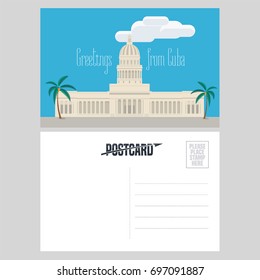 Postcard from Cuba with El Capitolio vector illustration. Greeting card, airmail with template text sent from Cuba with main Cuban architecture landmark