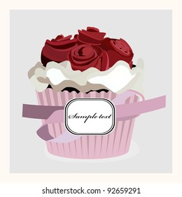 Postcard with cupcake With Roses, Isolated On White Background, vector