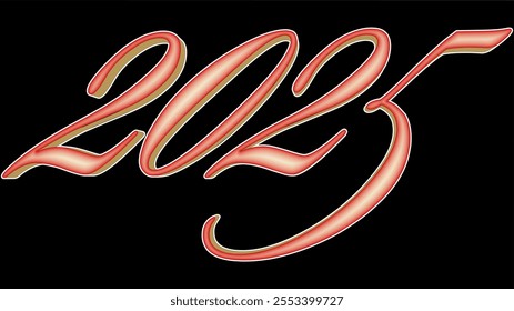 A postcard with a curly inscription "2025" on a black background