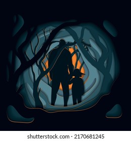 A Postcard Cut Out Of Paper. A Man With A Child In A Dark Forest Dense Forest. Light Is Visible From Behind Through The Darkness.