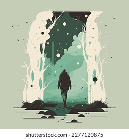 a postcard cut out of paper. a man in a dark forest dense forest. light is visible from behind through the darkness.