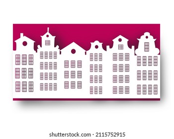 A postcard cut out of paper. Old houses, sights in the center of the old city of Europe. Cardboard city. White and red paper applique. Old Holland Street.